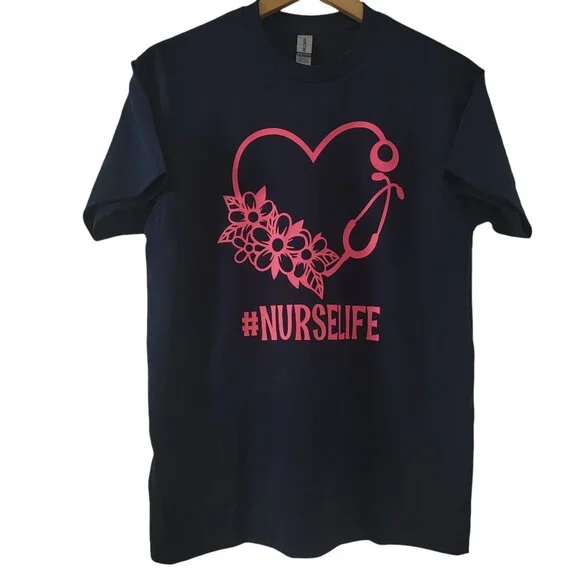 NEW | Gildan | Navy & Pink | Custom Unisex Short Sleeve Tee #NURSELIFE - Picture 4 of 4